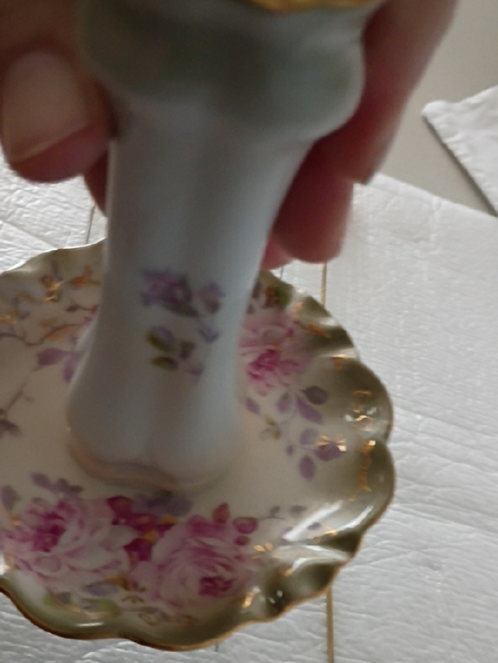 Vintage Porcelain Floral Hatpin Holder with Pink and Gold Accents - Picture 6 of 10